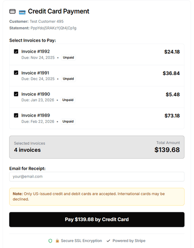 Payment reminder software portal — credit card and ACH bank transfer