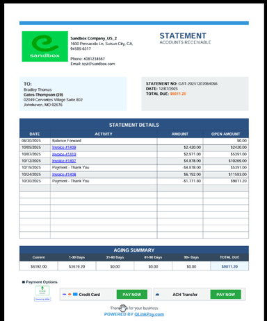 QuickBooks payment link statement for accounts receivable automation